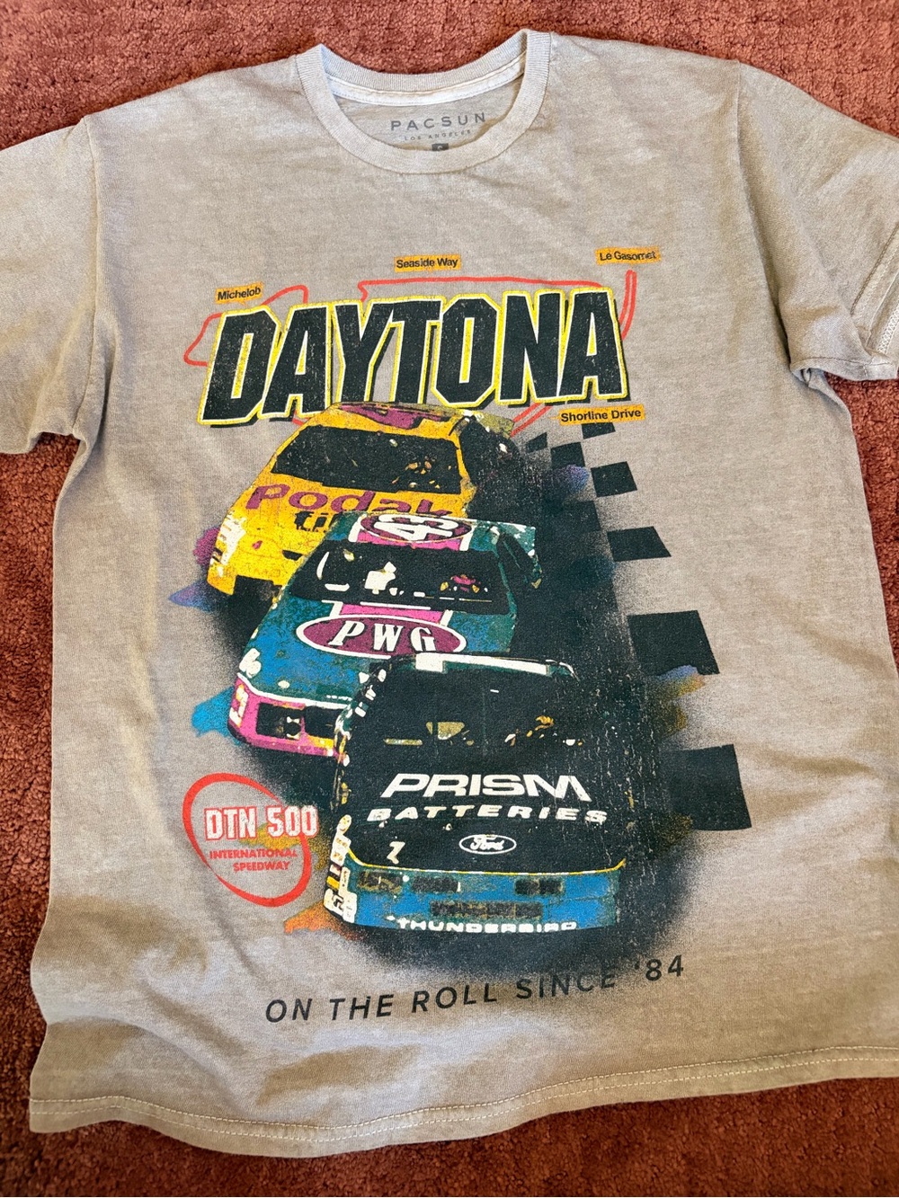PacSun Gray Daytona Racing Graphic Tee with Yellow & Blue Accents